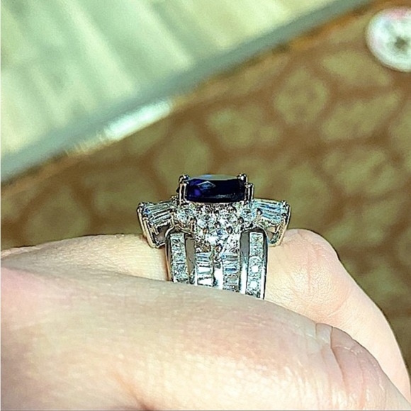 Blue Sapphire Sterling Silver Baguette Crown Statement Ring - Picture 5 of 14